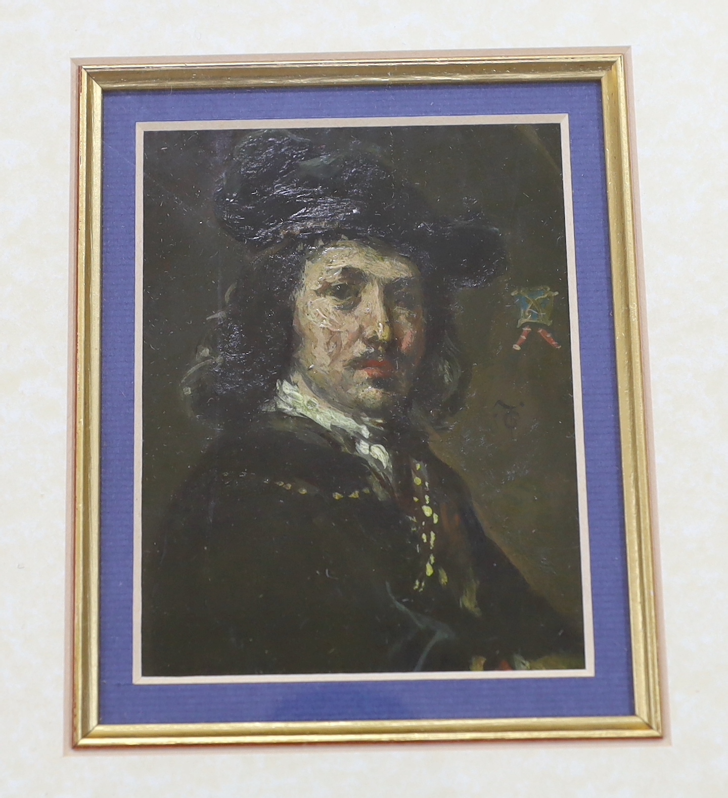 Manner of Rembrandt van Rijn (1606-1669) two portraits including a self portrait in oil, mounted and framed as one, largest 21 x 13cm
